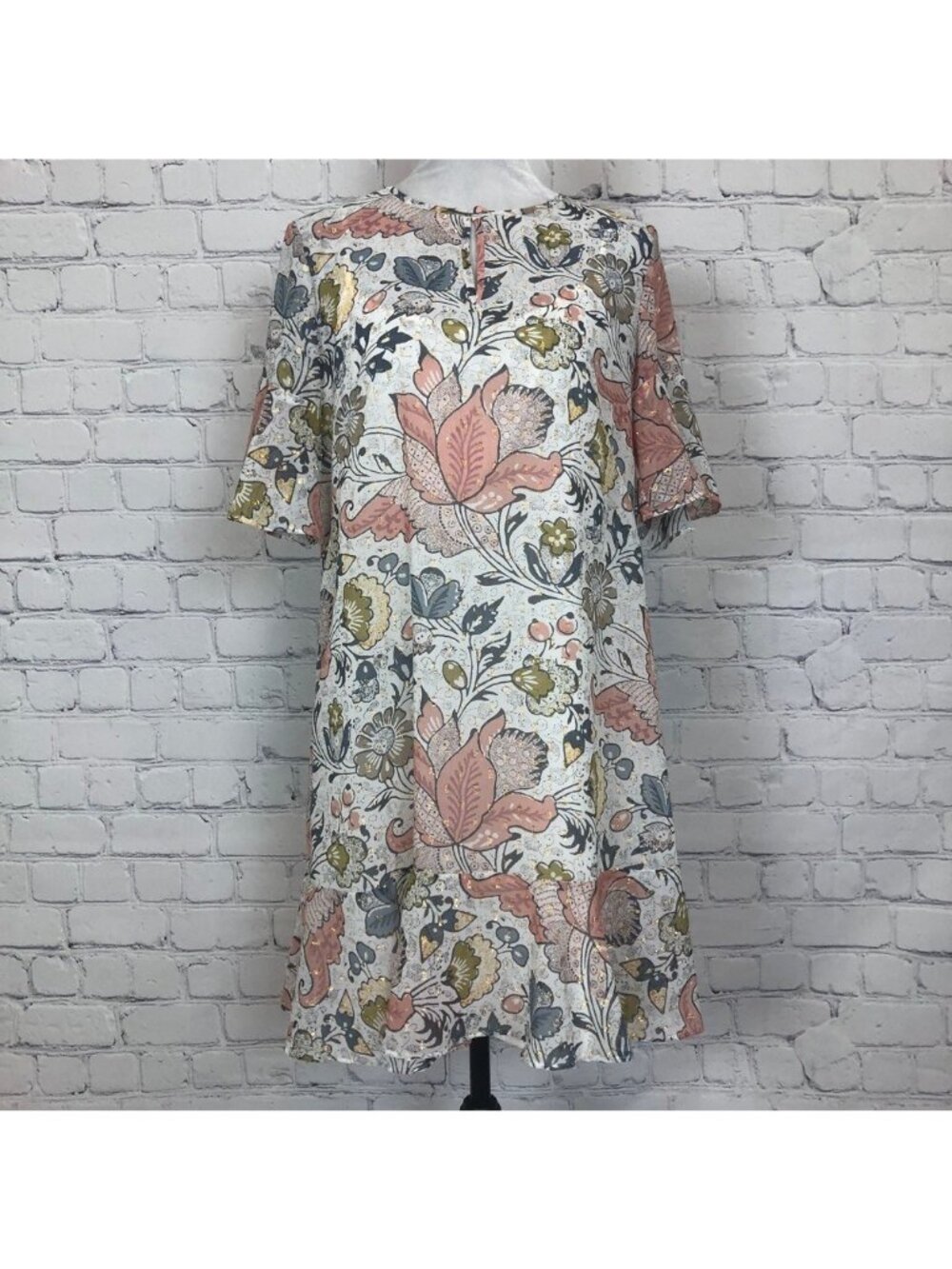 Loft White Floral Shimmer Dress Size S